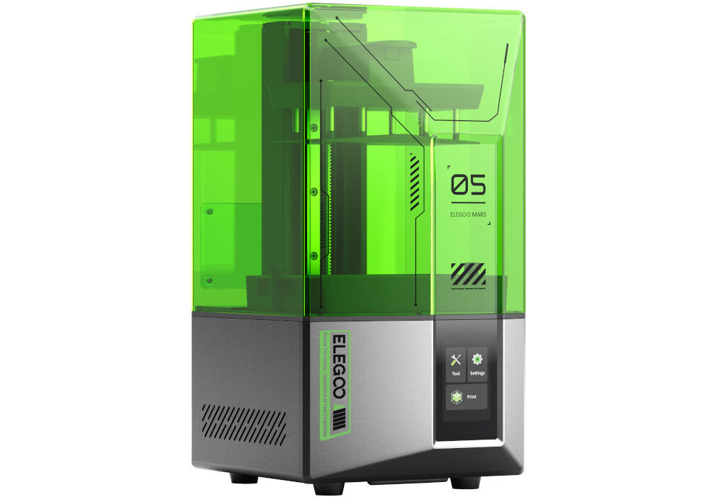 Drukarka 3D ELEGOO Mars 5 prezentacja drukarki na białym tle pod kątem wznawianie po utracie prądu elektronika sterująca zapamiętuje ostatnią położoną warstwę oszczędność czasu i materiału eksploatacyjnego