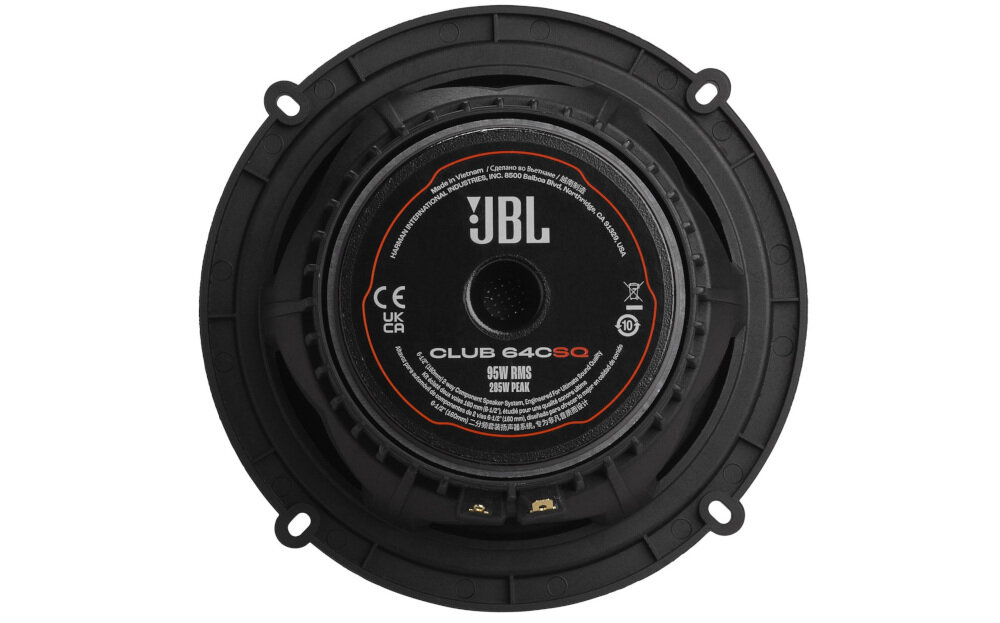 Głośniki samochodowe JBL CLUB 64CSQ pasmo 48 Hz 21 kHz jedwabna kopułka impedancja 3 ohm, głośnik od tyłu na białym tle
