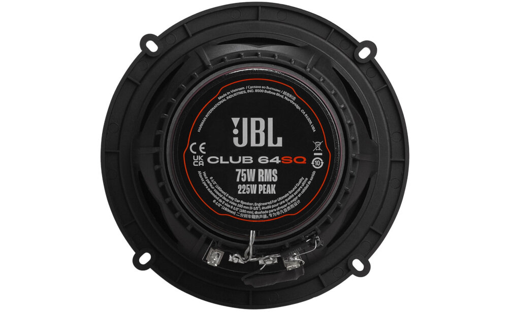 Głośniki samochodowe JBL Club 64SQ membrana włókno węglowe Plus One mocny bas, głośnik od tyłu na białym tle