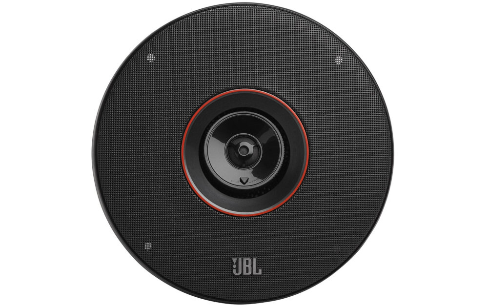 Głośniki samochodowe JBL Club 64SQ regulacja tweetera optymalizacja dźwięku dwudrożny bas Plus One, głośnik od frontu na białym tle