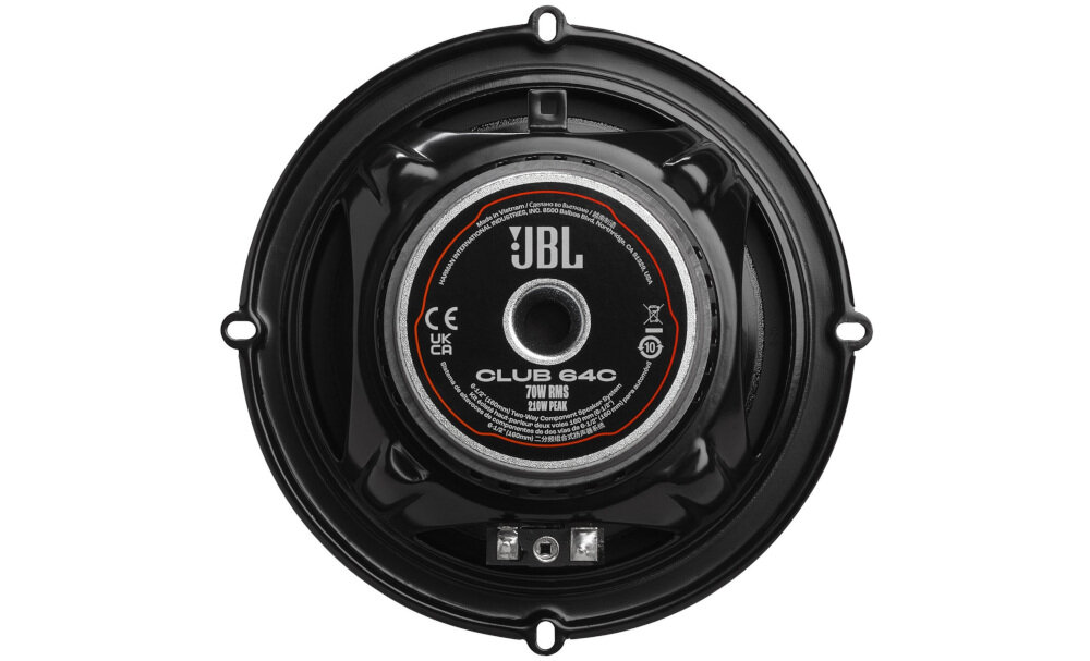 Głośniki samochodowe JBL Club 64C system komponentowy 2-drożny moc 70 W RMS 210 W peak skuteczność 92 dB, głośnik od tyłu na białym tle