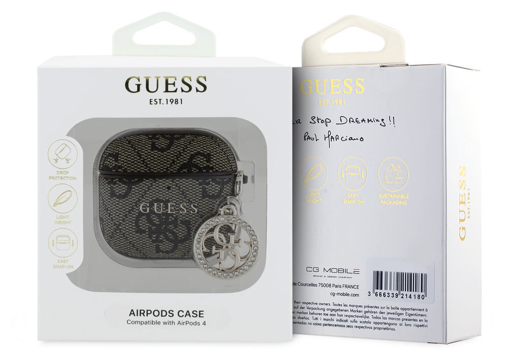 Opakowanie etui na słuchawki GUESS z widocznym logo i wzorem 4G, zawiera brelok. Na opakowaniu napis \'AIRPODS CASE Compatible with AirPods 4\'.