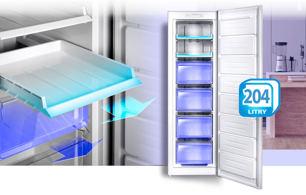 ZAMRAŻARKA LIN LI-BD-204 BIAŁA 204L NO FROST pojemność 204 litrów Cztery szuflady dwie górne tace Regulowane nóżki stabilność instalacja