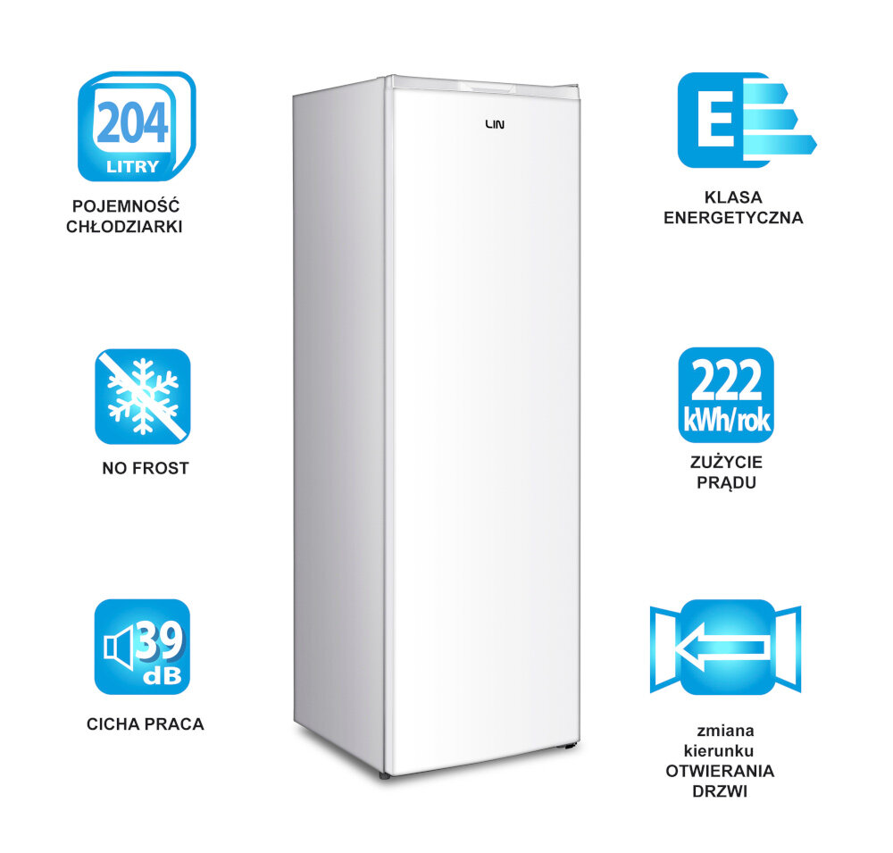 ZAMRAŻARKA LIN LI-BD-204 BIAŁA 204L NO FROST No Frost bez lodu szronu stosunkowo cicha praca poziom głośności 39 dB klasa energetyczna E oszczędność enerrgii roczne zużycie energii 222 kWh oszczędne urządzenie przyjazne dla środowiska