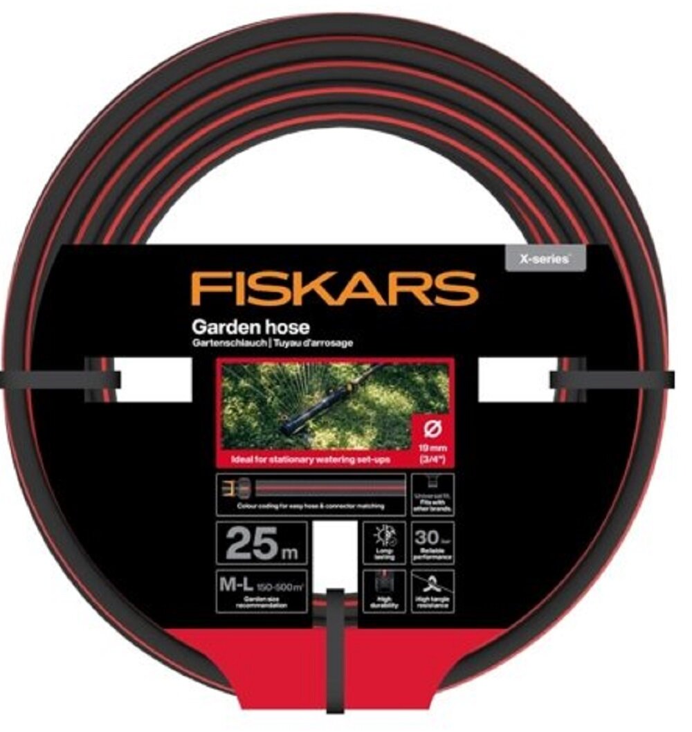 Wąż ogrodowy FISKARS 3/4'' 25 m 1076047, x-series, długość, podlewanie, waga, na białym tle szpula węża w opakowaniu fabrycznym
