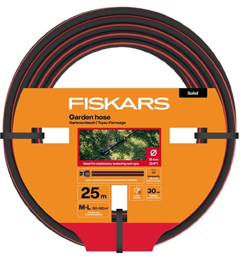 Wąż ogrodowy FISKARS 3/4' 25 m 1076062, metry, długość, Elastyczność, rozwijanie, na białym tle szpula węża w opakowaniu fabrycznym