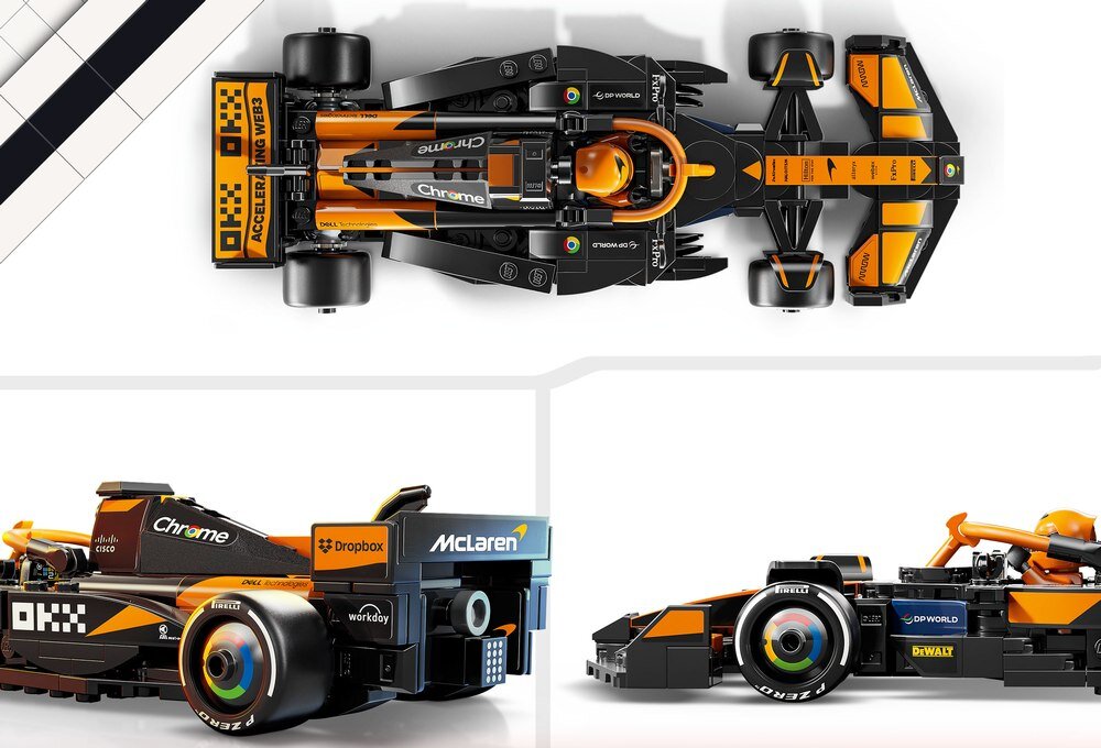 LEGO 77251 Speed Champions Bolid F1 McLaren Team MCL38 różne ujęcia na model, Model samochodu F1 Pirelli opony detale tylne skrzydło, zawieszenie typu wishbone