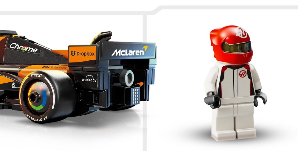 LEGO 77251 Speed Champions Bolid F1 McLaren Team MCL38 tył modelu i figurka, model F1 zespołu McLaren elementy wymiary