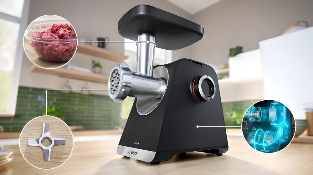 Maszynka do mięsa BOSCH MFWS642B maszynka metalowe elementy sitko pokrętło tło kuchenne mielone mięso w misce nożyk silnik nożyk dwustronny ze stali nierdzewnej dłuższa żywotność większa precyzja cięcia łatwy montaż zawsze działa poprawnie wygodne bezproblemowe użytkowanie skuteczność w różnych kuchennych zadaniach