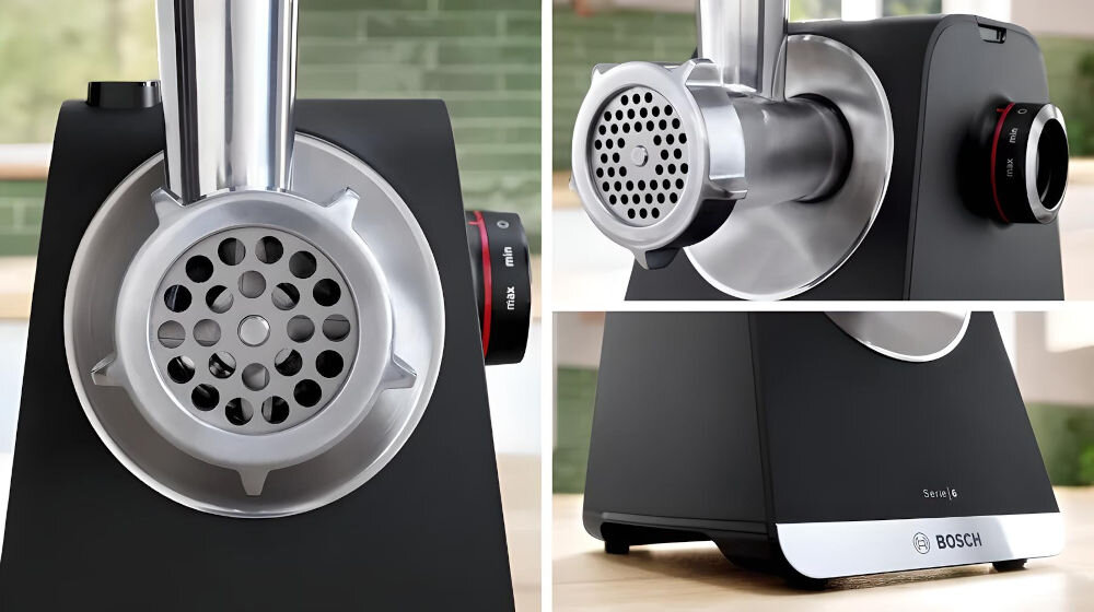 Maszynka do mięsa BOSCH MFWS682B nóżki antypoślizgowe pokrętło metalowe elementy sitko pokrętło jasne kuchenne tło gumowe nóżki w podstawie stabilność na blacie kuchennym antypoślizgowe elementy zapobieganie przesuwaniu bezpieczeństwo użytkowania komfortowa bezpieczna praca