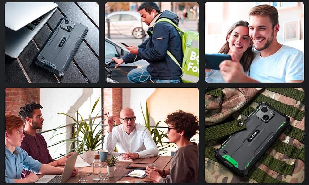 Smartfon OUKITEL G2 kolaż zdjęć ze smartfonem w użyciu