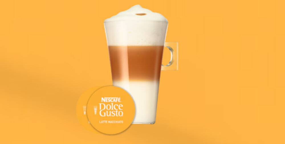 Kapsułki NESCAFE Latte Macchiato do ekspresu Nescafe Dolce Gusto Trójwarstwowa przyjemność latte macchiato z trzema warstwami gorącym mlekiem, intensywnym espresso i lekką, kremową pianką kompozycja prezentuje się niezwykle apetycznie