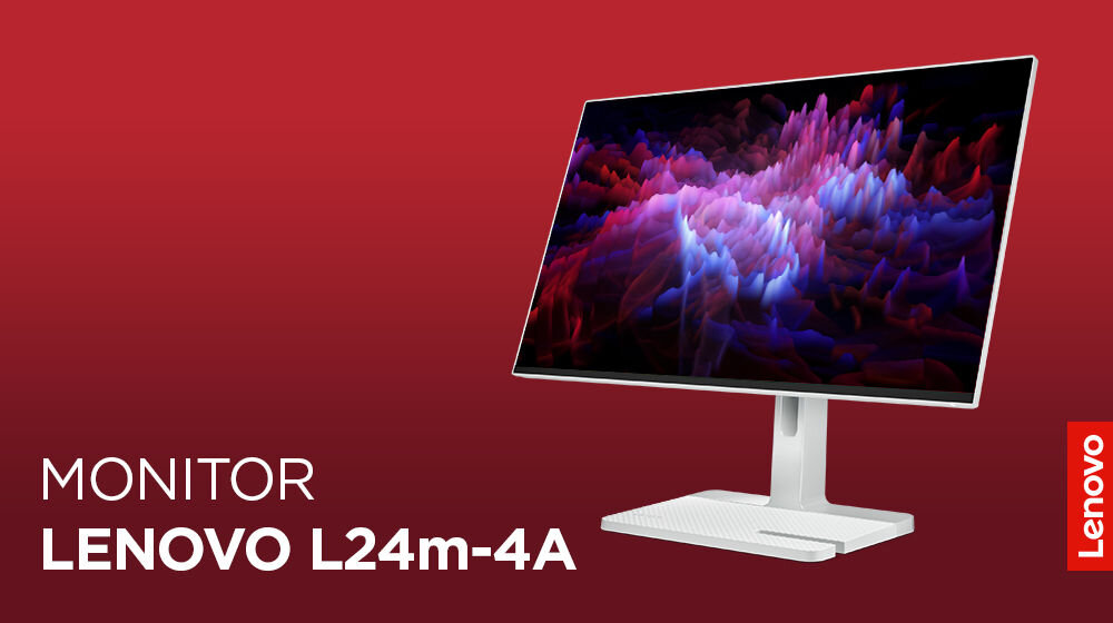 Monitor LENOVO L24m-4A 23.8 cali 1920x1080px IPS 100Hz 1 ms [MPRT] prezentacja monitora na czerwonym tle napis modelu monitora