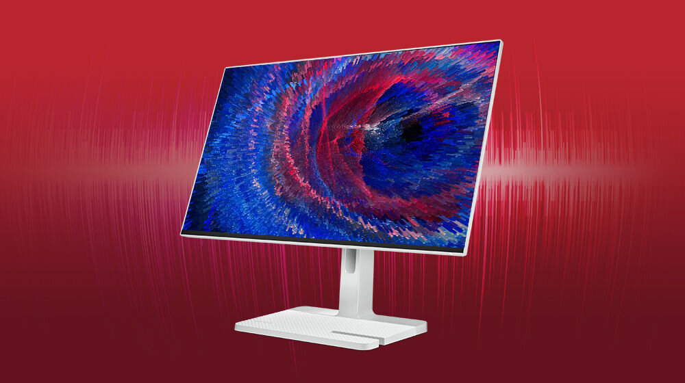 Monitor LENOVO L24m-4A 23.8 cali 1920x1080px IPS 100Hz 1 ms [MPRT] prezentacja monitora na na czerwonym tle z falami dźwiękowymi pod kątem 2 głośniki moc 3 W klarowność szczegółowość wyraźne brzmienie i zbalansowane