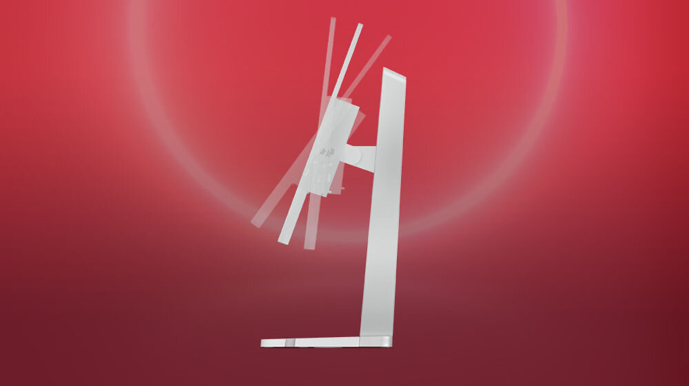 Monitor LENOVO L24m-4A 23.8 cali 1920x1080px IPS 100Hz 1 ms [MPRT] prezentacja monitora na czerownym tle i jego możliwej regulacji nachylenia od -5° do 22° dostosowanie pozycji ekranu optymalna pozycja praca rozrywka kompatybilny z uchwytami VESA 100 x 100 mm montaż na ścianie i specjalnych uchwytach