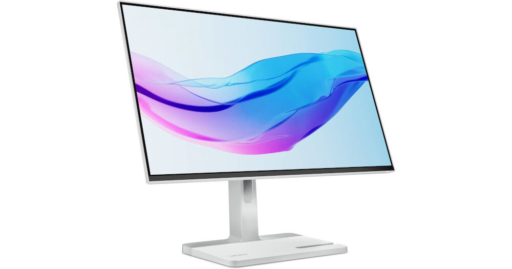 Monitor LENOVO L24m-4A 23.8 cali 1920x1080px IPS 100Hz 1 ms [MPRT] prezentacja monitora na białym tle front pod kątem waga 5,12 kg wymiary 530,55 × 196,23 × 539,44 mm wygodne użytkowanie smukły profil przemyślany rozmiar