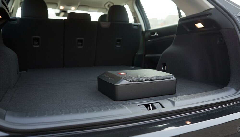 JBL BassPro Nano aktywny subwoofer samochodowy, głęboki bas, niewielka obudowa, subwoofer położony w bagażniku