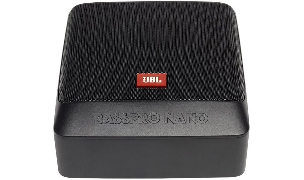 JBL BassPro Nano pilot zdalnego sterowania, pasmo 30–150 Hz, 4 Ω, moc 200 W, subwoofer na białym tle