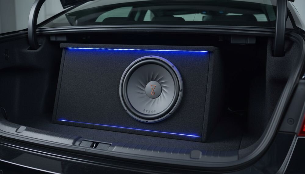 JBL Stage 122 subwoofer pasywny do systemu car audio, okrągła konstrukcja, głosnik zamontowany w bagażniku auta