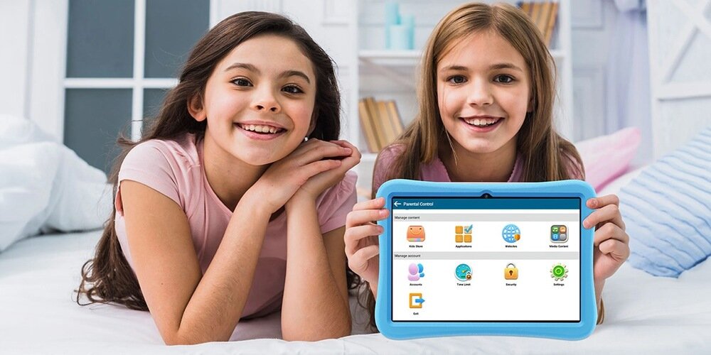 Tablet OUKITEL OT6 Kids 2 dziewczynki na łóżku z tabletem