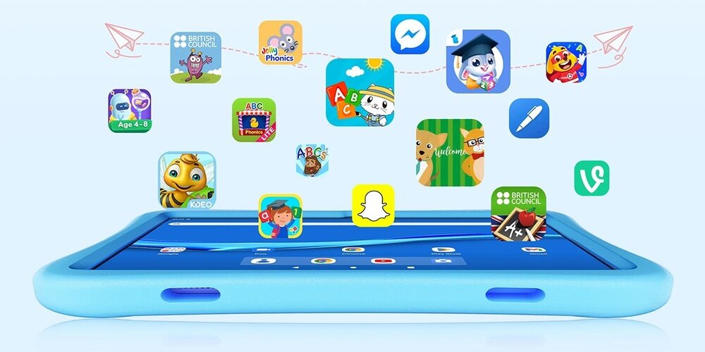Tablet OUKITEL OT6 Kids ikony aplikacji wypływają z ekranu   