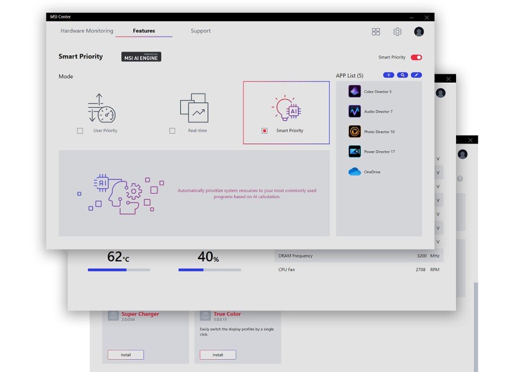Komputer MSI Cubi NUC 13MQ-062EU Interfejs programu MSI Center z zakładką 'Smart Priority' i listą aplikacji do automatycznego zarządzania zasobami systemowymi, oprogramowanie aplikacje