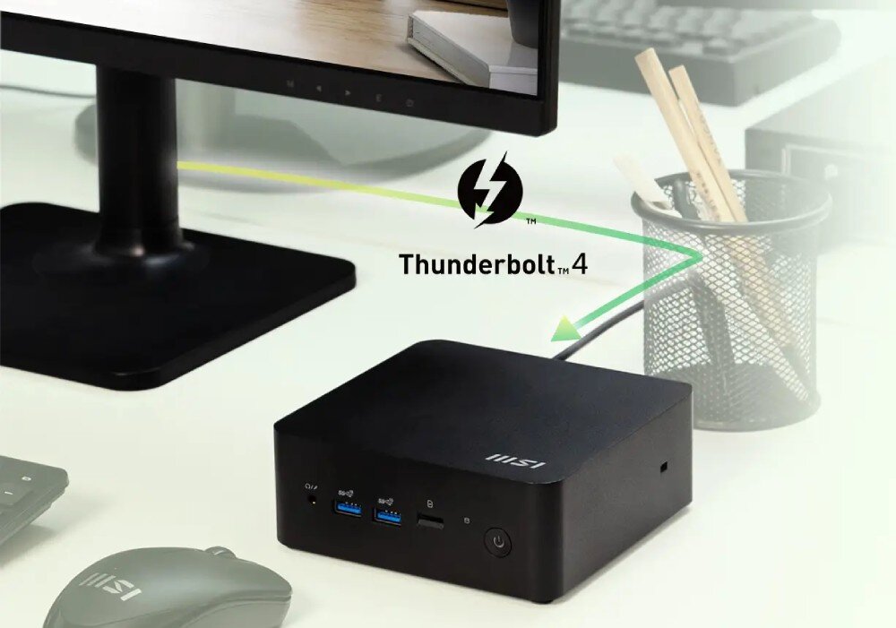 Komputer MSI Cubi NUC 13MQ-062EU Komputer mini PC połączony z monitorem, z graficzną prezentacją kierunku sygnału przez port Thunderbolt 4, ekrany obsługa Thunderbolt HDMI
