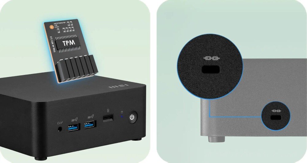 Komputer MSI Cubi NUC 13MQ-062EU Komputer mini PC z widoczną grafiką przedstawiającą moduł TPM 2.0 oraz powiększeniem gniazda blokady Kensington, szyfrowanie TPM ochrona blokada Kensington