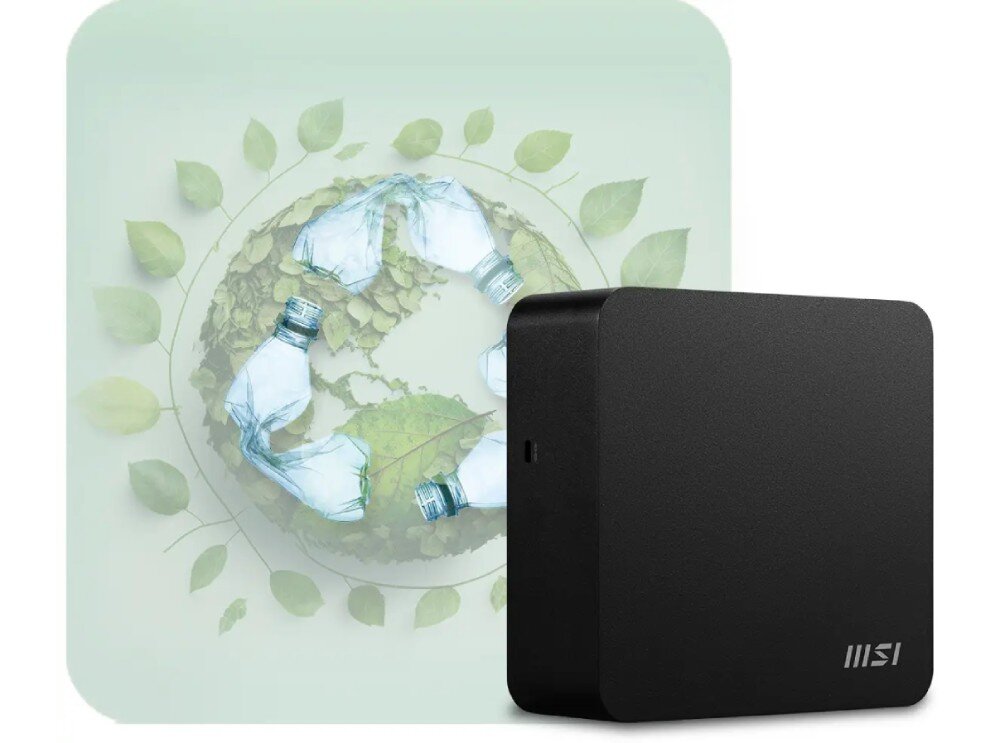 Komputer MSI Cubi NUC 13MQ-062EU Komputer mini PC ustawiony obok grafiki przedstawiającej znak recyklingu utworzony z plastikowych butelek i liści, ekologia środowisko recykling