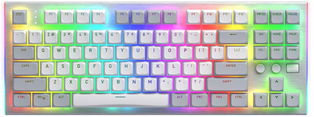 Klawiatura HATOR Gravity TKL HTK560
kompaktowy rozmiar, wyposażona w 87 przycisków w układnie TKL Tenkeyless, wymiary ok. 364 x 136 x 35 mm, brak bloku numerycznego,
klawiatura od góry na białym tle