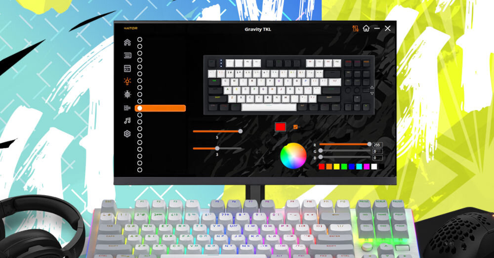 Klawiatura HATOR Gravity TKL HTK560
możliwość personalizacji, dedykowane oprogramowanie umożliwiające tworzenie i zapisywanie makr oraz ustawień,
klawiatura, ekran monitora z włączonym oprogramowaniem