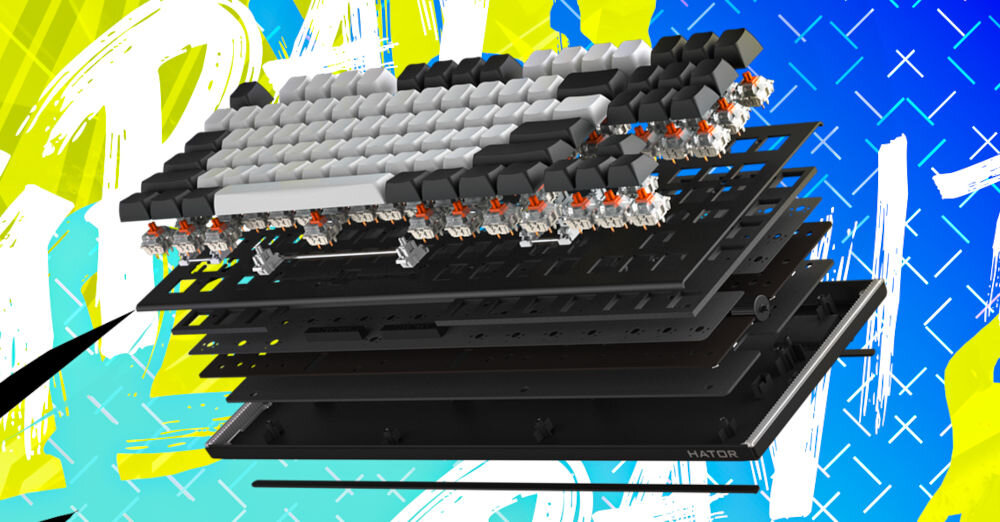 Klawiatura HATOR Gravity TKL HTK560
system izolacji akustycznej, dwuwarstwowy system izolacji akustycznej, widoczne warstwy klawiatury