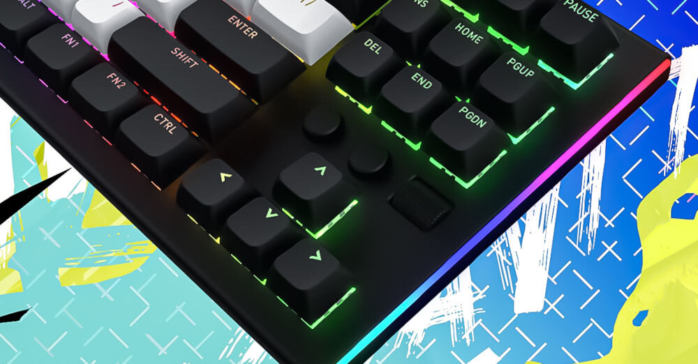 Klawiatura HATOR Gravity TKL HTK560
prosta kontrola multimediów, zbliżenie na dwa dodatkowe przyciski oraz aluminiowe pokrętło regulacji głośności