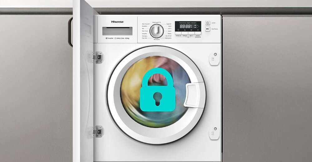 PRALKO-SUSZARKA HISENSE WD3M841BWI PL zdjęcie poglądowe wizualizacja front ikona grafika kłódka blokada panelu ochrona przed dziećmi zablokowanie przycisków zmiana ustawień kombinacja Blokada przed dziećmi