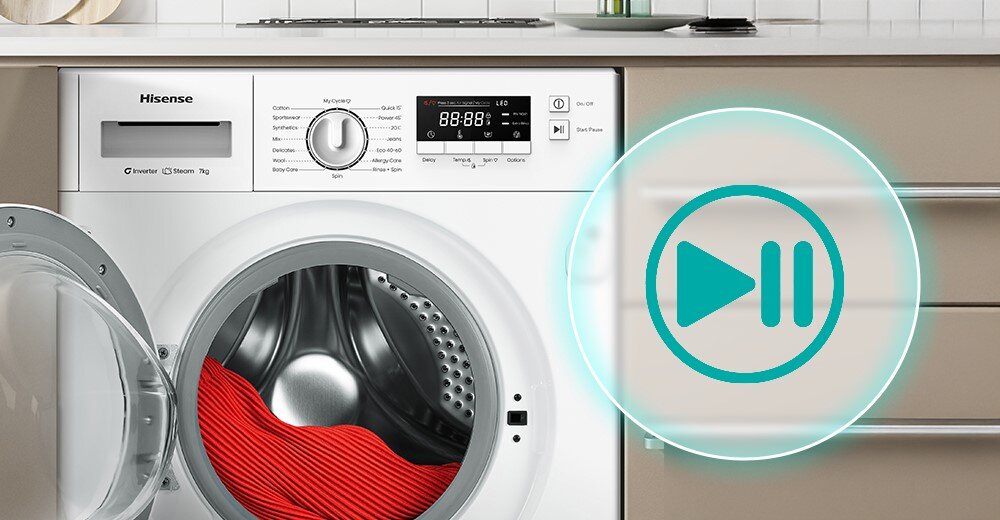 PRALKO-SUSZARKA HISENSE WD3M841BWI PL zdjęcie poglądowe wizualizacja otwarta wsad drzwiczki pranie załadunek ikona grafika start stop Add&pause dodaj ubrania wyjmij wstrzymaj cykl oszczędność czasu komfort