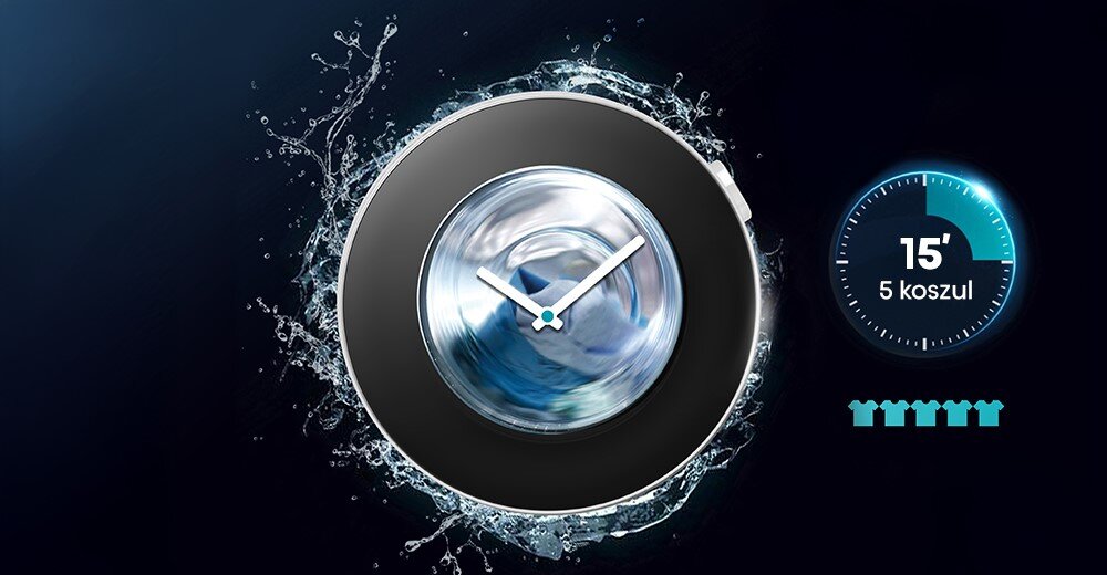 PRALKO-SUSZARKA HISENSE WD3M841BWI PL zdjęcie poglądowe wizualizacja Program szybki 15' czas zegar ikona woda drzwiczki krótkie ekspresowe odświeżanie szybkie wydajne efektywne