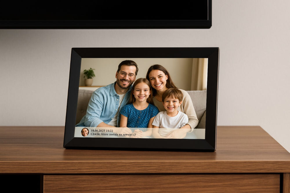 Ramka cyfrowa BLOW 10 Frameo Wi-fi prezentacja ramki ze zdjęciem od frontu na komodzie w tle jasna ściana