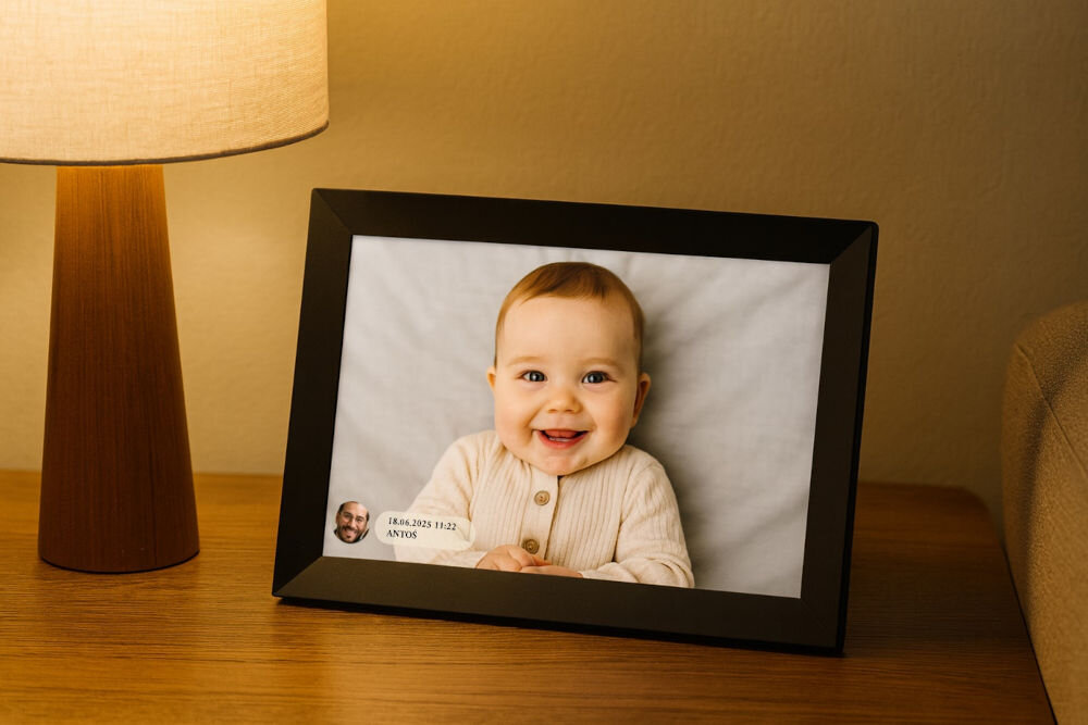 Ramka cyfrowa BLOW 10 Frameo Wi-fi prezentacja ramki ze zdjęciem na stoliku obok lampka podarunek prezent dla rodziców dziadków rodzeństwa przyjaciela rodziny budowanie mostu między pokoleniami nowe wspomnienia