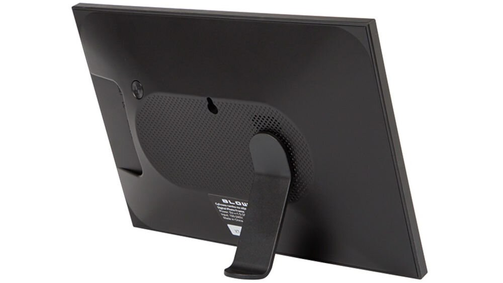 Ramka cyfrowa BLOW 10 Frameo Wi-fi prezentacja ramki od tyłu pod kątem na białym tle czarna obudowa synchronizacja z aplikacją FRAMEO zasilanie sieciowe