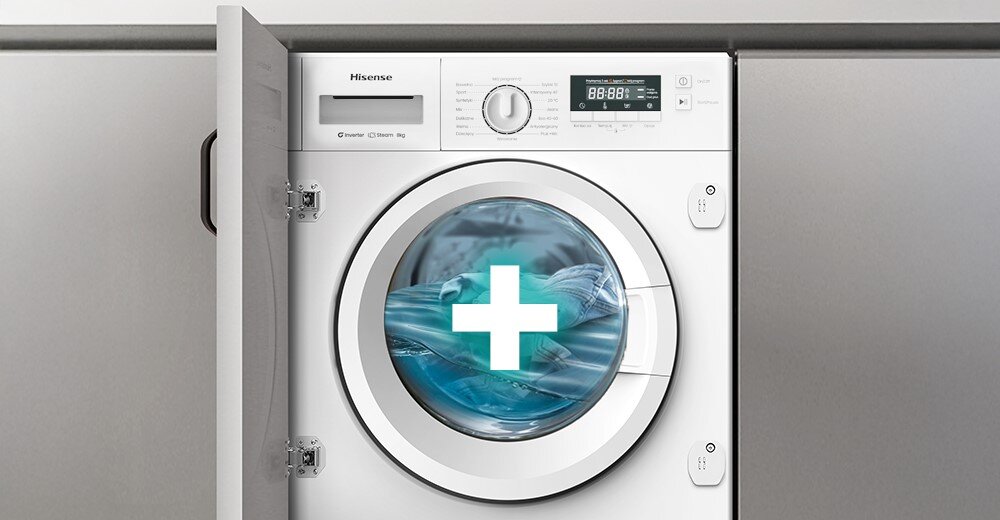 PRALKA HISENSE WF3M841BWI zdjęcie poglądowe wizualizacja front pralka panel zamknięta załadunek plus grafika Dodatkowe płukanie usuwanie alergenów resztek dla ubranek dziecięcych dla alergików świeże czyste