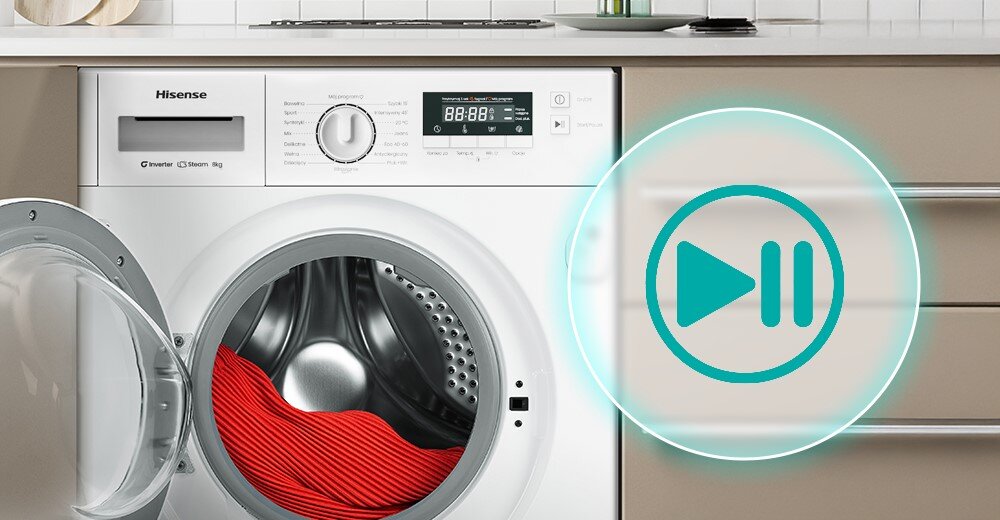 PRALKA HISENSE WF3M841BWI zdjęcie poglądowe wizualizacja otwarta wsad drzwiczki pranie załadunek ikona grafika start stop Add&pause dodaj ubrania wyjmij wstrzymaj cykl oszczędność czasu komfort