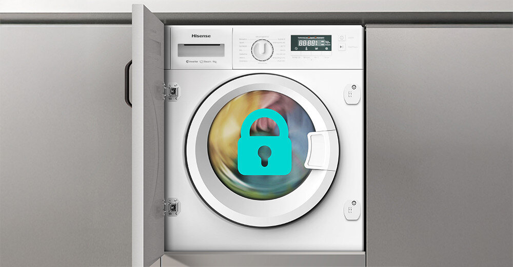 PRALKA HISENSE WF3M841BWI zdjęcie poglądowe wizualizacja front ikona grafika kłódka blokada panelu ochrona przed dziećmi zablokowanie przycisków zmiana ustawień kombinacja Blokada przed dziećmi