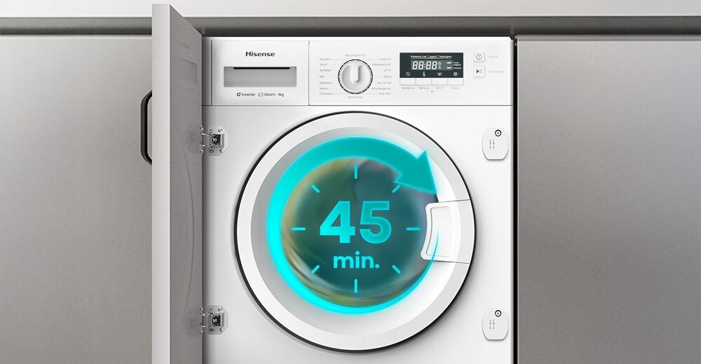 PRALKA HISENSE WF3M841BWI zdjęcie poglądowe wizualizacja front czas ikona grafika Program intensywny 45' szybko skutecznie usuwanie zabrudzeń 45 minut wysoka temperatura Intensywne działanie szybkie odświeżanie