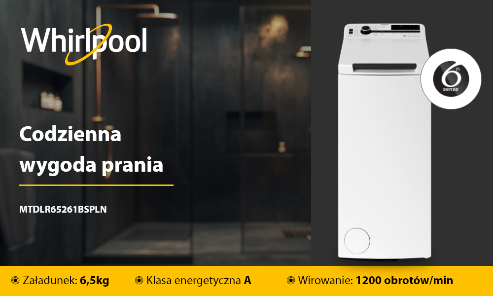 PRALKA WHIRLPOOL MTDLR 65261BS PL/N Grafika promocyjna prezentuje model pralki wraz z jego głównymi parametrami, takimi jak ładowność, klasa energetyczna i prędkość wirowania. Obok umieszczono logo producenta szybkie pranie kompaktowa energooszczędna funkcjonalna