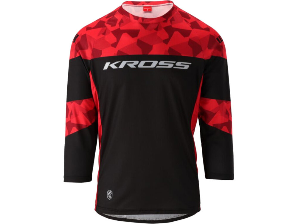 Koszulka rowerowa KROSS Hyde KRT Replica (rozmiar L) Czerwono-czarny koszulka na białym tle widoczna od przodu dla kolarzy grawitacyjnych bezpieczeństwo komfort odpowiednie dopasowanie