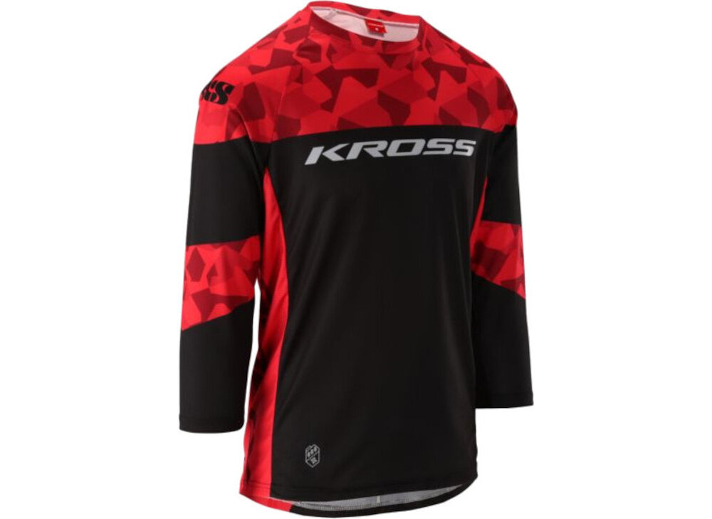 Koszulka rowerowa KROSS Hyde KRT Replica (rozmiar L) Czerwono-czarny koszulka na białym tle widoczna od przodu pod skosem dla miłośników kolarstwa grawitacyjnego bezpieczeństwo i komfort rękawki ¾ ochrona przed gałęziami i drobnymi przeszkodami sportowy krój w rozmiarze L materiały wysokiej jakości