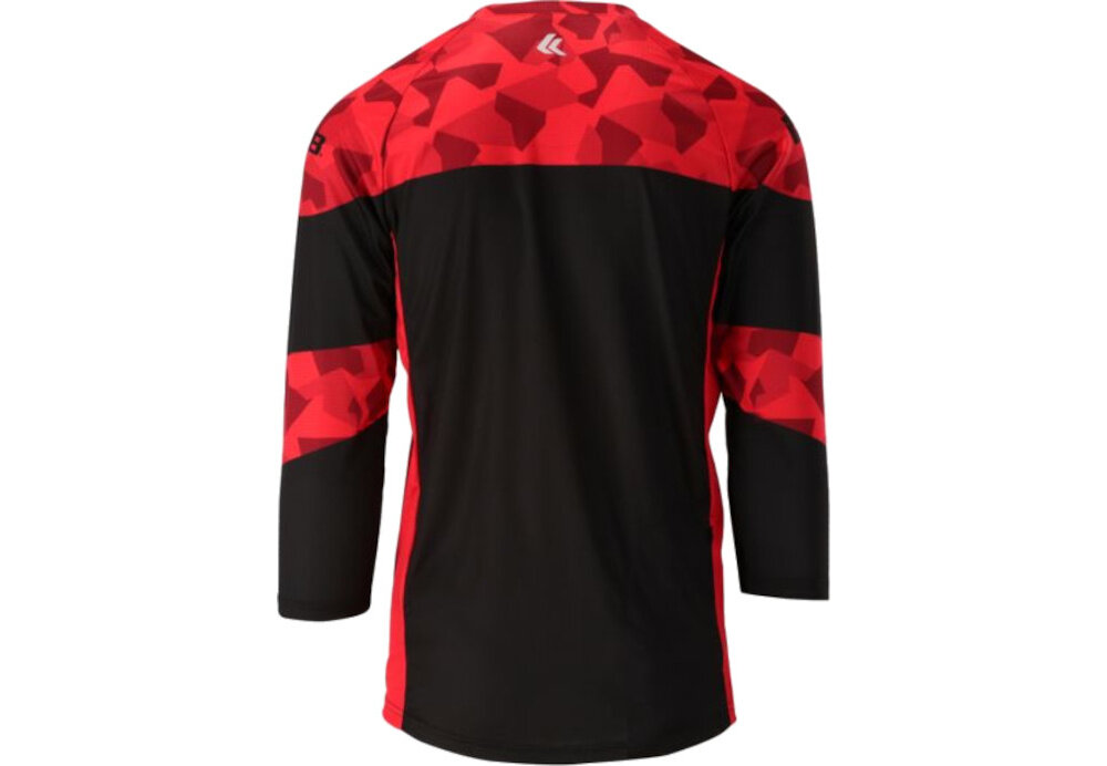 Koszulka rowerowa KROSS Hyde KRT Replica (rozmiar L) Czerwono-czarny koszulka na białym tle widoczna od tyłu ochrona trwałość komfort przewiewny materiał rękawki ¾ zabezpieczony kołnierzyk wytrzymały poliester