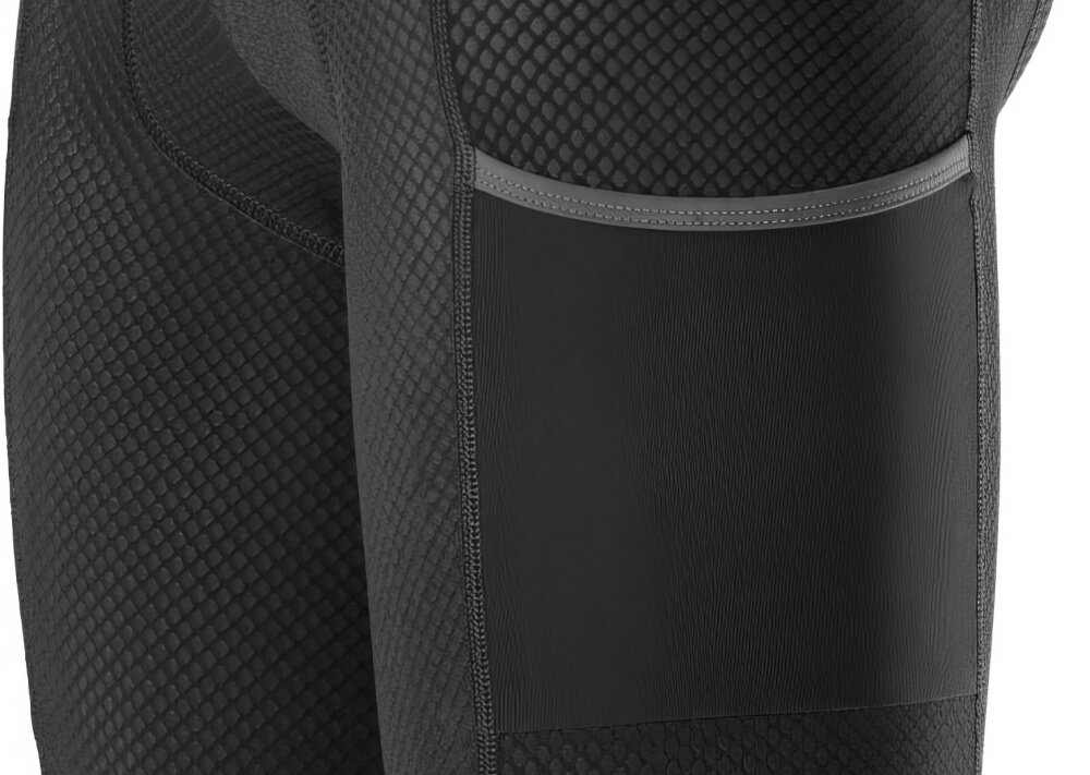 Spodenki rowerowe KROSS Arbaro (rozmiar L) Czarny zbliżenie na bok spodenek widoczna kieszeń wykonane z poliestru i elastanu optymalne dopasowanie elastyczność trwałość materiał kompresyjny wspiera mięśnie poprawia krążenie ogranicza wibracje perforacja odpowiada za wentylację dla osób o wzroście 170-176 cm obwodzie klatki 94-97 cm obwodzie talii 75-78 cm obwodzie bioder 103-107 cm
