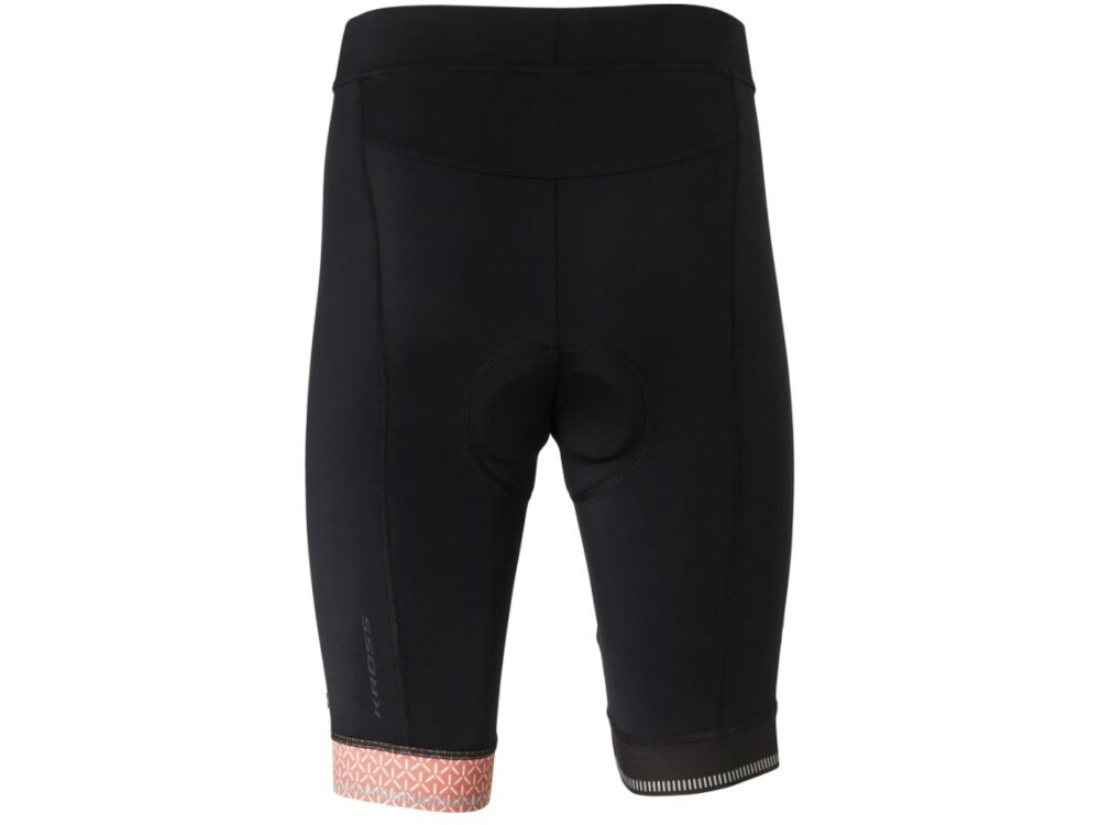 Spodenki rowerowe KROSS Flow Lady 2.0 (rozmiar M) Czarny spodenki na białym tle widoczne od tyłu do jazdy MTB ROAD i GRAVEL wsparcie i dopasowanie dla wzrostu 166–172 cm nie ogranicza ruchów dłuższe treningi komfortowe dojazdy