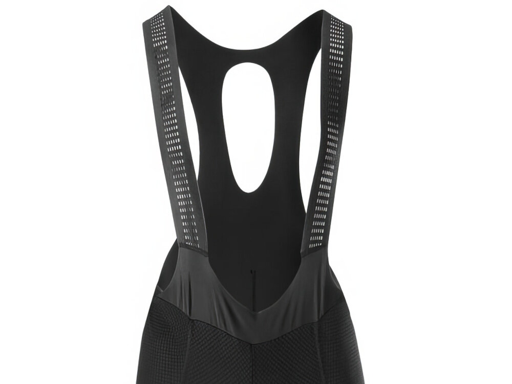 Spodenki rowerowe KROSS Arbaro (rozmiar S) Czarny zbliżenie na szelki cięte laserowo bezszwowe szelki pełne dopasowanie do ciała minimalizują ucisk i ryzyko otarć na ramionach oddychające panele na plecach konstrukcja szelkowa wspiera stabilność spodenek